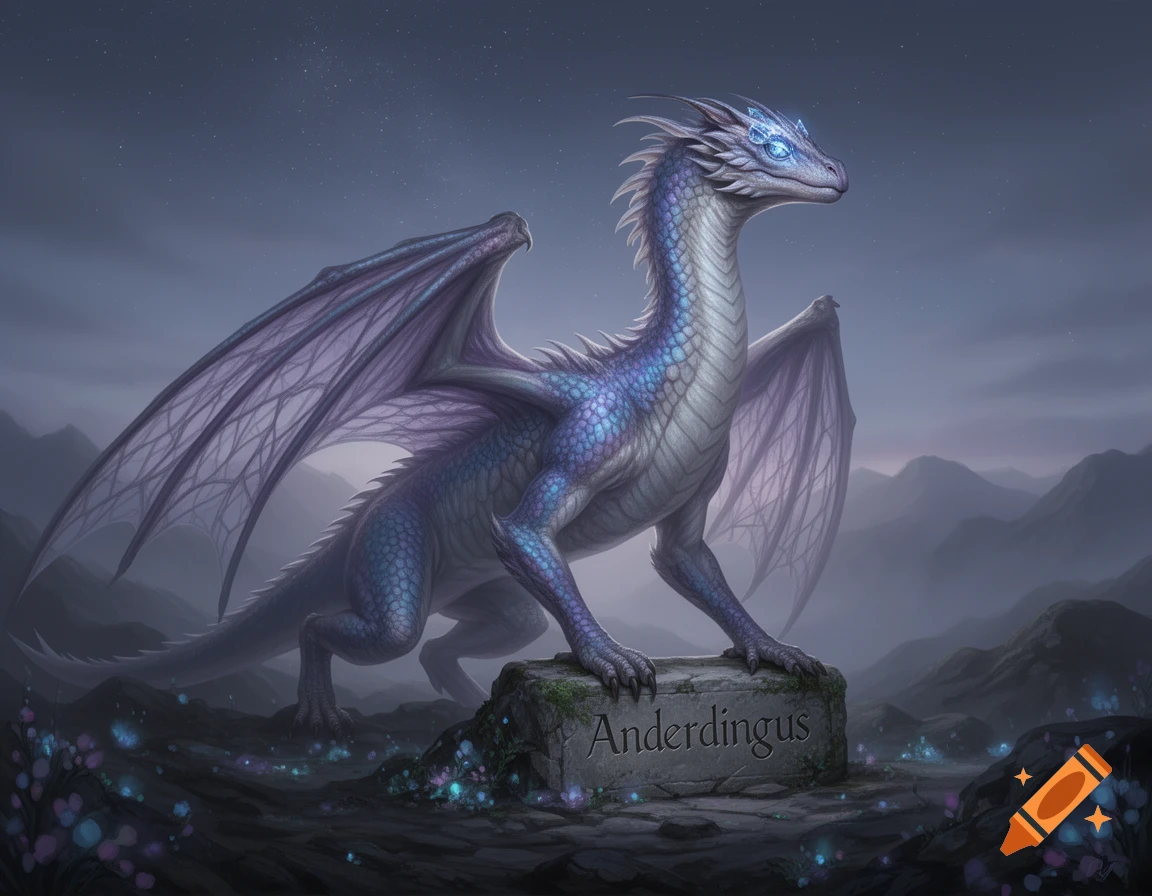 A majestic iridescent blue and purple dragon stands on a mossy stone carved with the word "Anderdingus," against a misty mountain landscape under a starry sky.