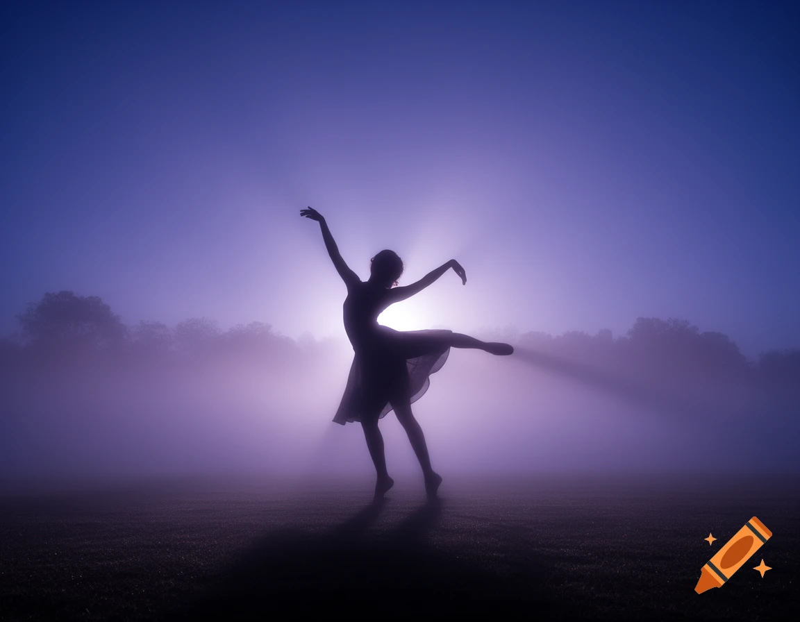 A silhouetted ballet dancer in an elegant pose against a misty, purple-hued sunrise with light rays.