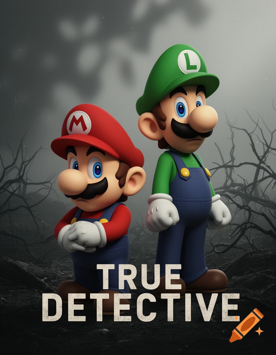 Mario and Luigi stand seriously in a dark, foggy landscape with bare trees, above the text "TRUE DETECTIVE".