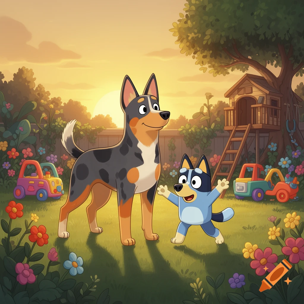 A large adult dog and a small blue cartoon dog stand in a colorful backyard with flowers and a treehouse at sunset.