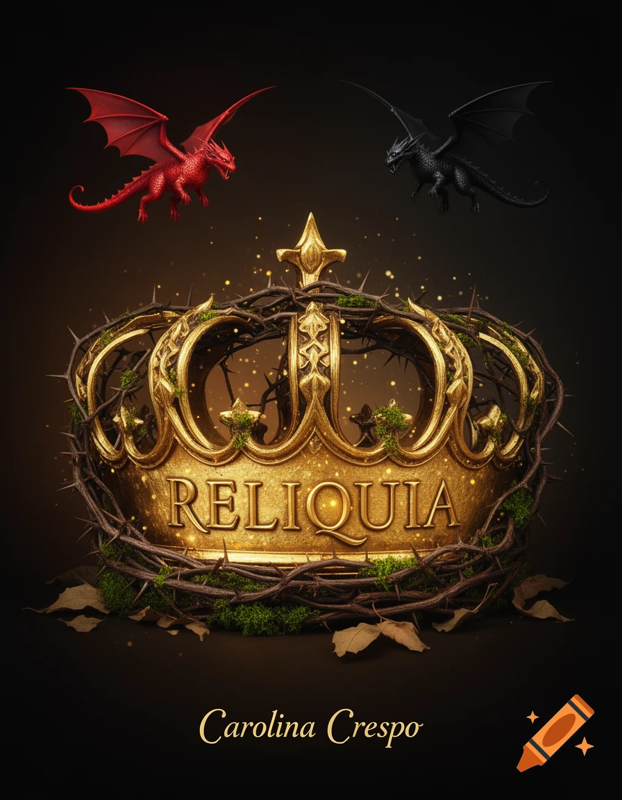 A fantasy book cover featuring a golden crown entwined with thorns, moss, and dry leaves, with the text "RELIQUIA" engraved. Above, a red dragon and a black dragon fly on a dark background with golden sparkles, and "Carolina Crespo" written below.
