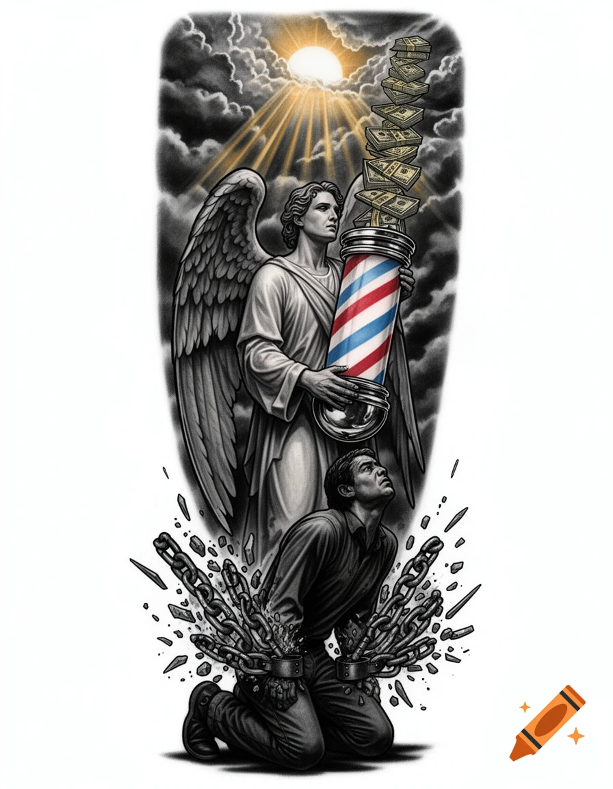 An allegorical black and grey tattoo depicts an angel holding a barber pole with money flowing upwards, above a man breaking chains.