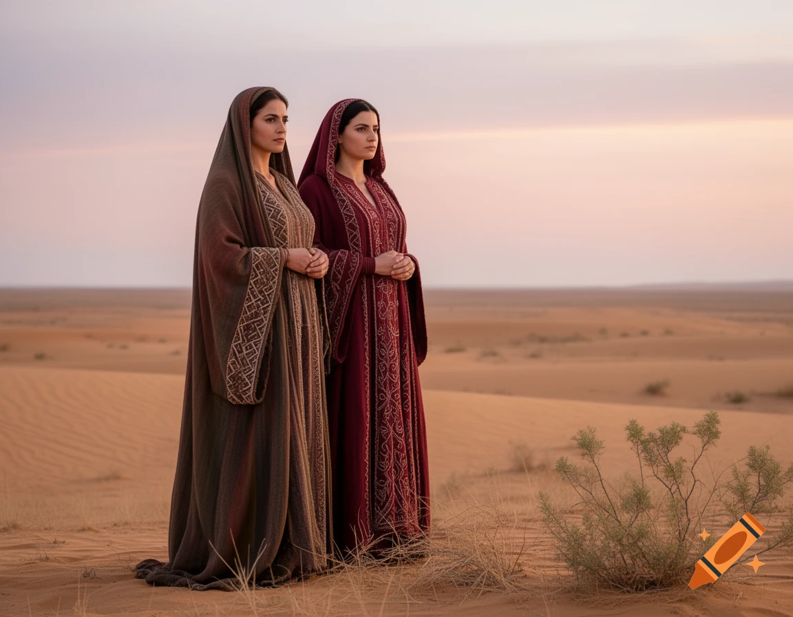Two women in traditional brown and red robes stand in a sandy desert under a pastel sky, looking into the distance.