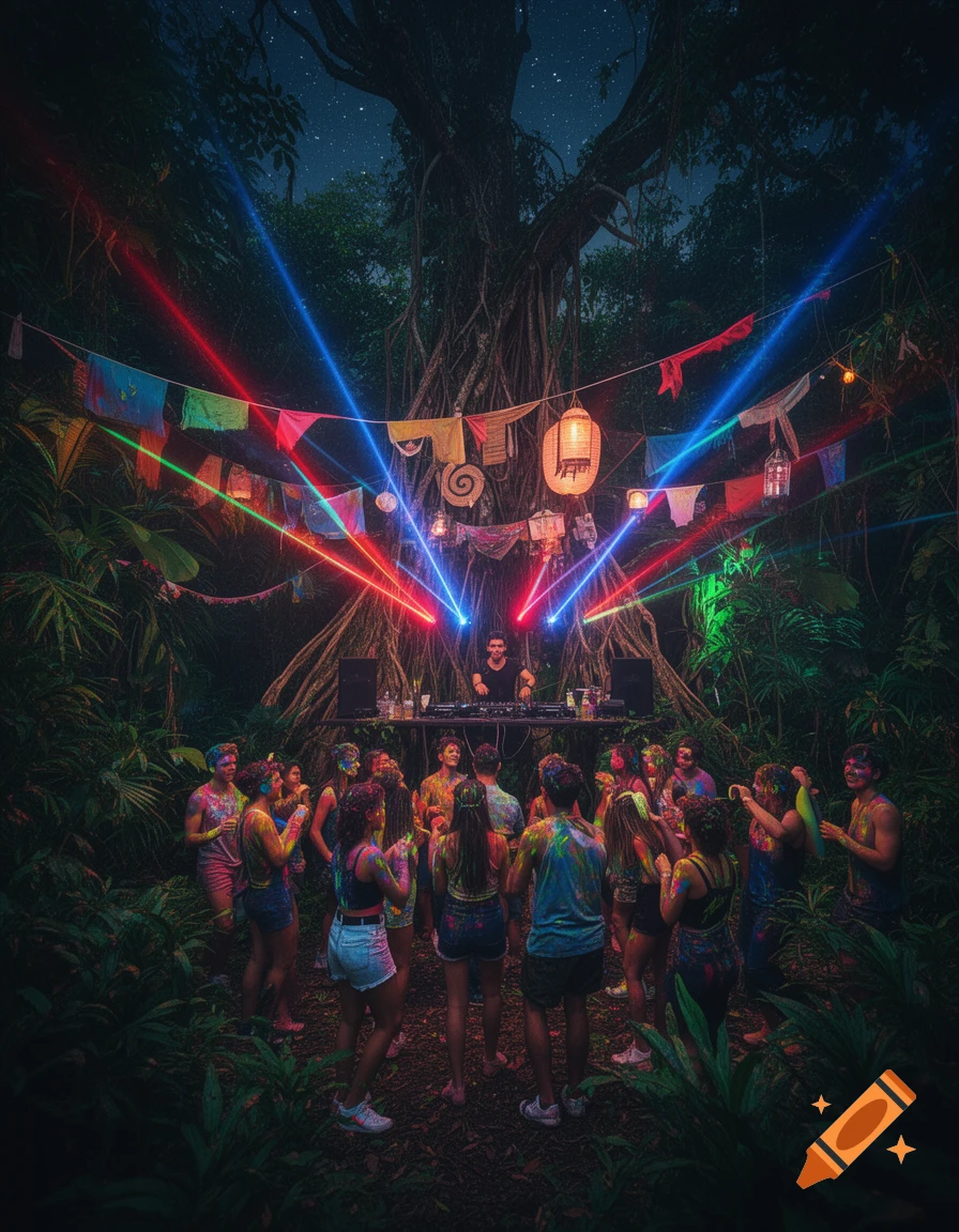 Photorealistic image of a vibrant jungle party at night, with a DJ under a large tree, colorful laser lights, banners, and people dancing, covered in powder.