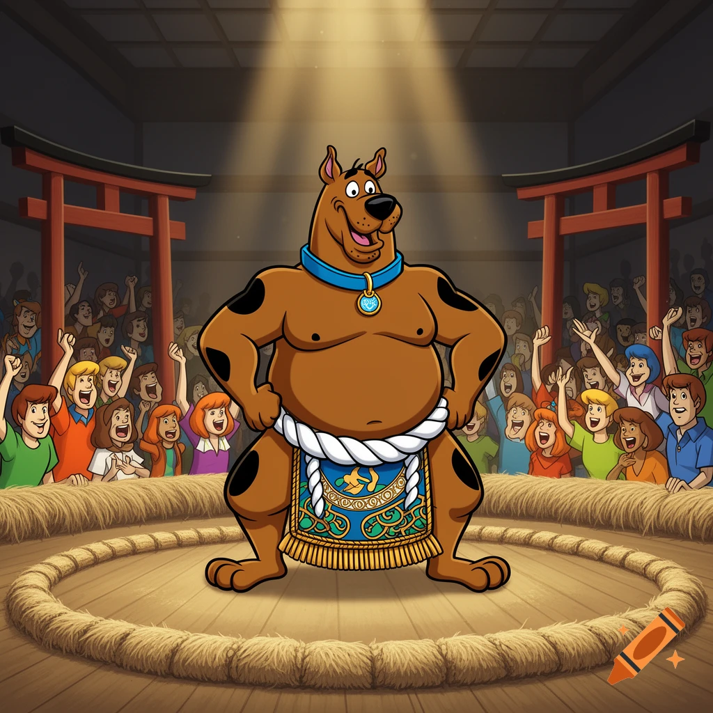 Cartoon Scooby-Doo as a sumo wrestler, standing in a ring with a cheering crowd and torii gates.