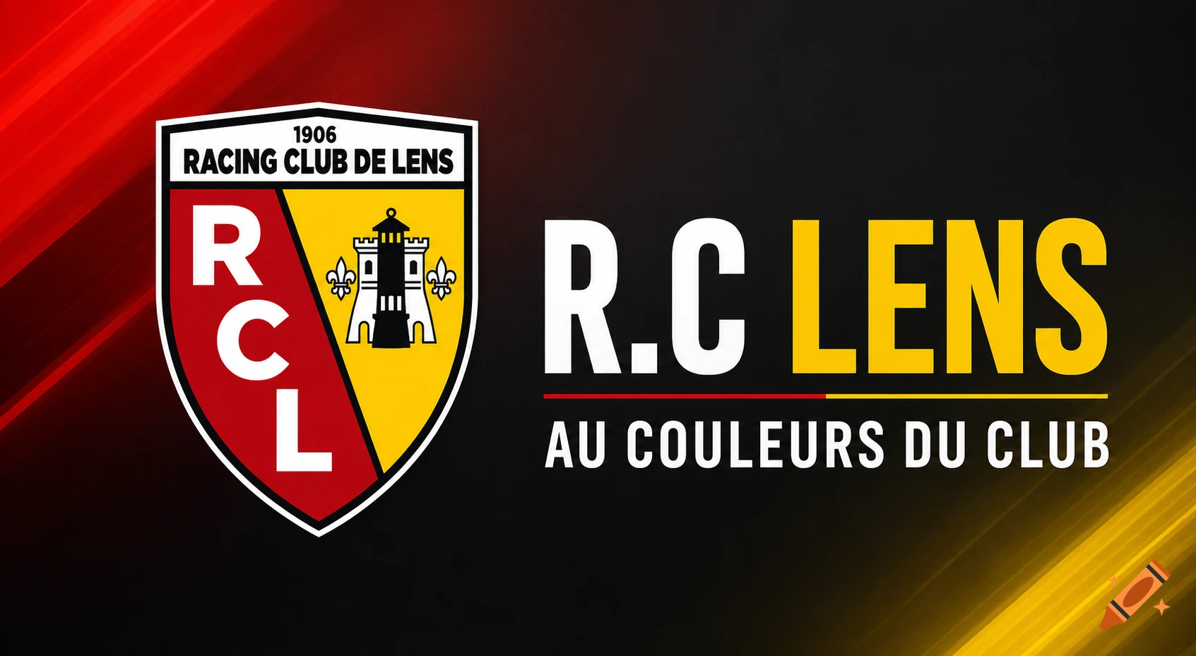 Logo for Racing Club de Lens featuring its red and yellow emblem with a tower and fleur-de-lis, and the text "R.C LENS AU COULEURS DU CLUB" on a dark, red, and yellow striped background.