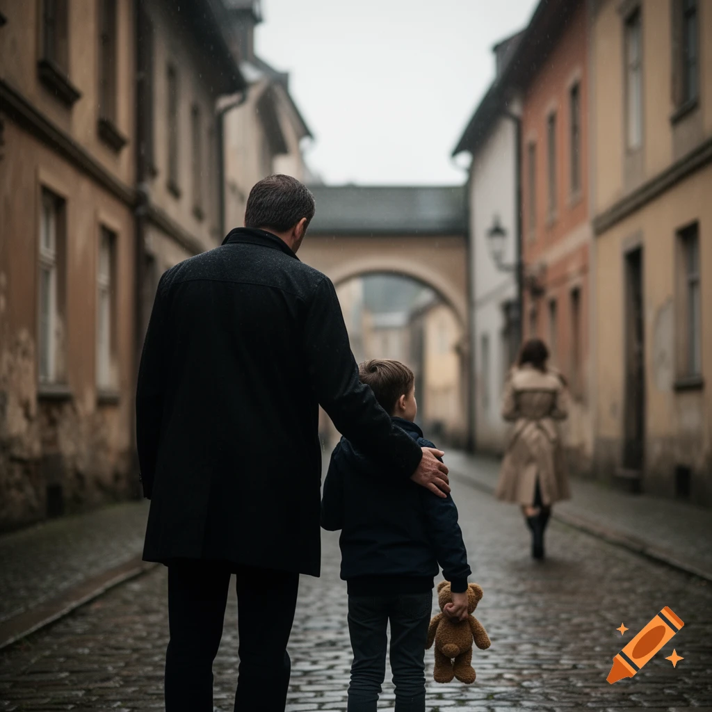 A father and son walk on a cobblestone street, watching a woman leave, in a somber photorealistic scene.