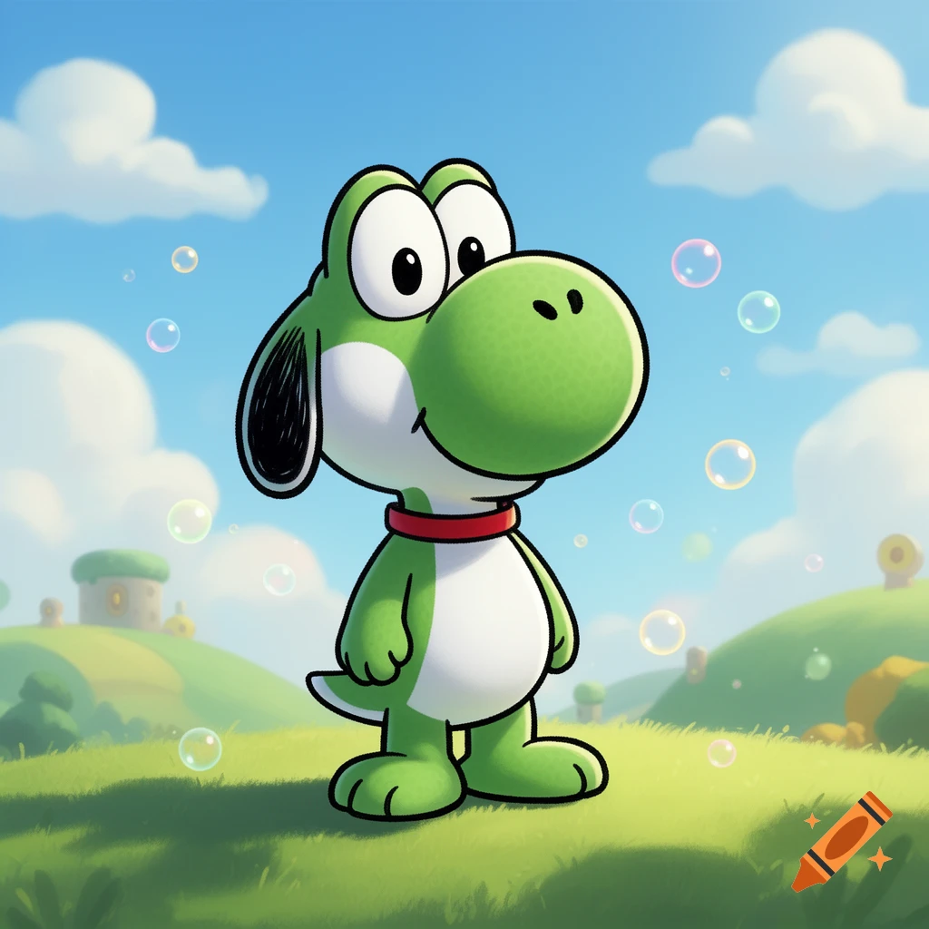 A cartoon green dog-like character, a mix of Yoshi and Snoopy, stands in a grassy field with bubbles floating around under a blue sky.