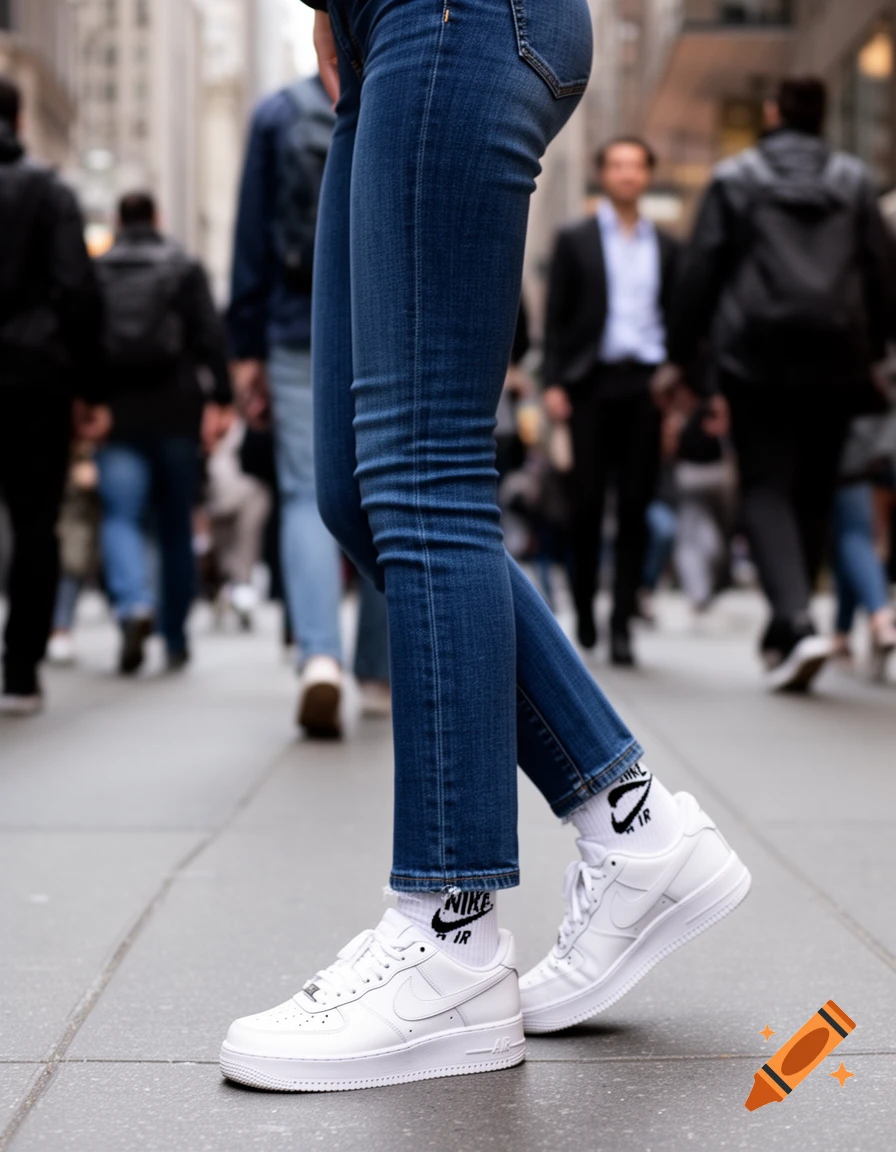 A person in blue jeans and white Nike Air Force 1 sneakers with visible Nike socks walks on a city sidewalk.