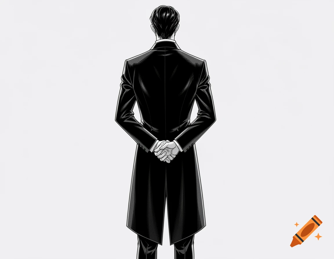 Manga style illustration of a man in a black tailcoat suit, viewed from behind with hands clasped behind his back.