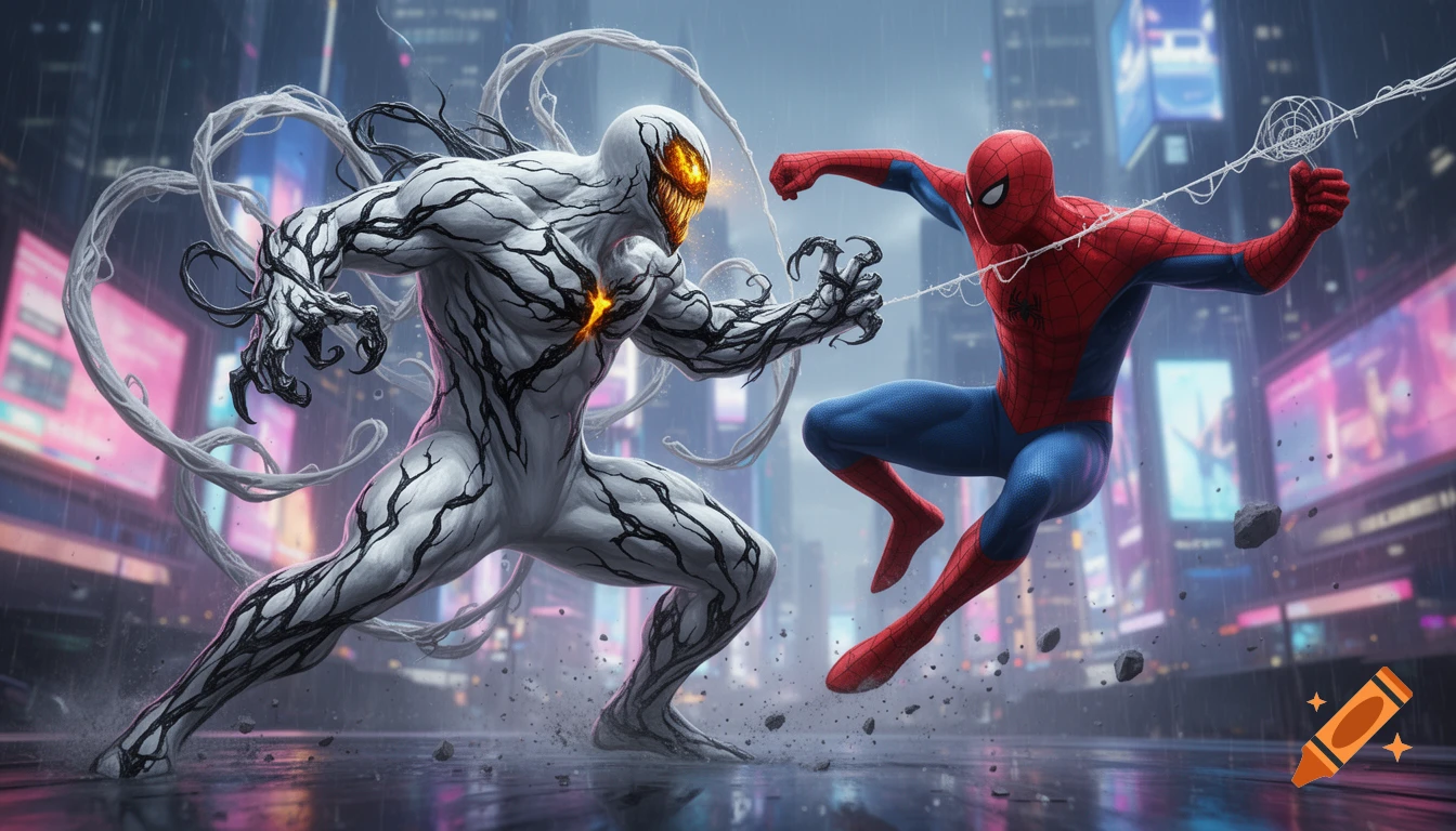 Spider-Man in his red and blue suit fights the white and black Anti-Venom in a rainy, neon-lit city street. Debris floats around them.