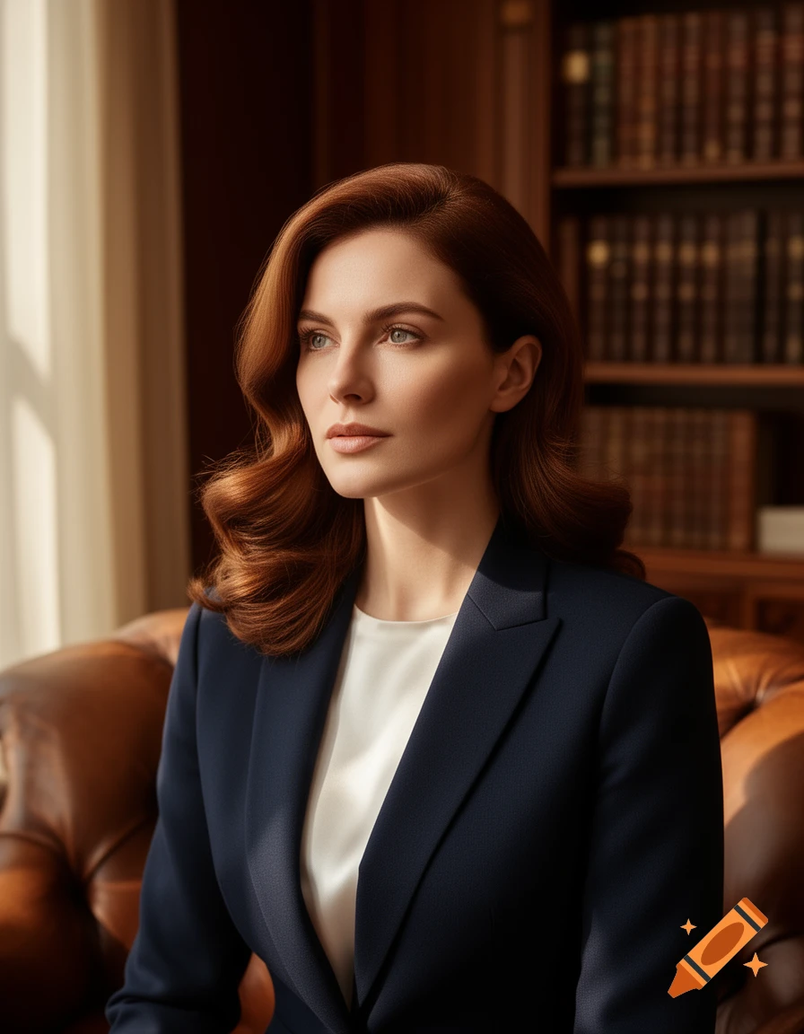A professional-looking woman with wavy red hair in a navy blazer looks out a sunlit window.