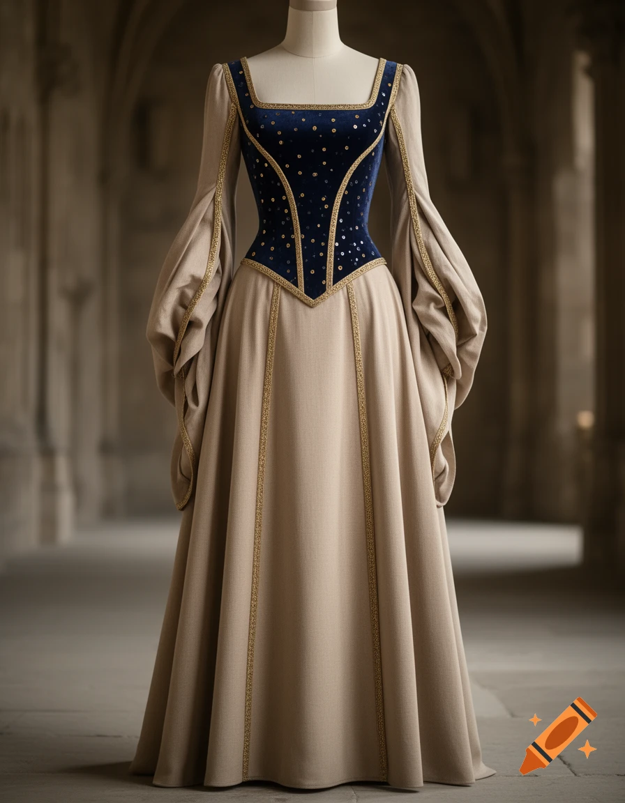 A medieval-style princess dress on a mannequin in a stone hallway. It features a dark blue velvet corset with gold accents and a long, flowing beige skirt and sleeves.