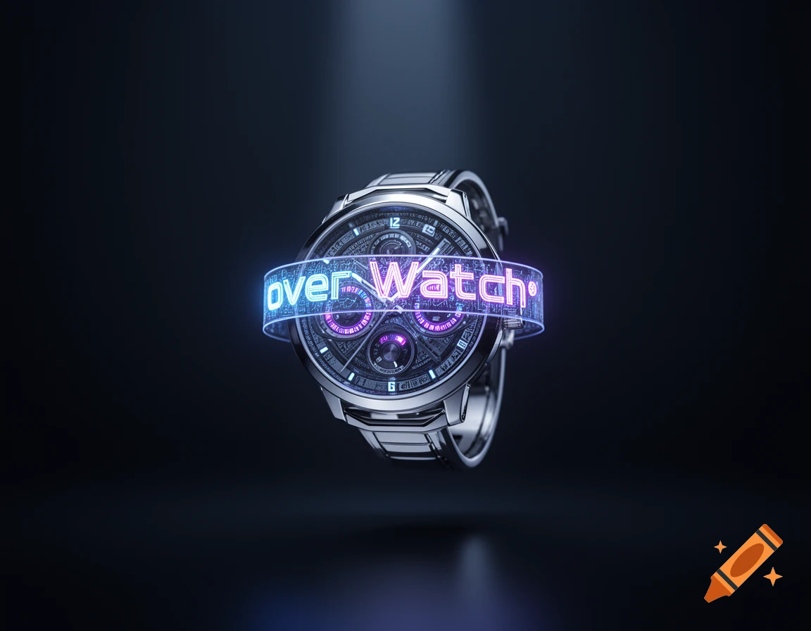 A photorealistic image of a futuristic metallic smartwatch with a glowing blue and purple "over Watch" band on a dark background.