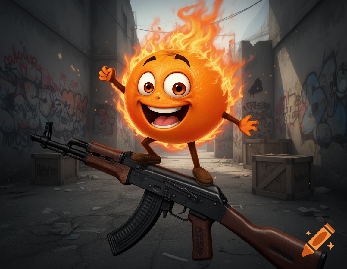 A flaming cartoon orange character with a wide grin stands atop an AK-47 assault rifle in a graffiti-covered urban alley.