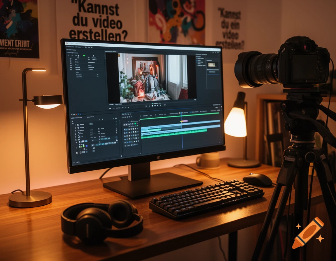 A desk setup featuring a large monitor displaying video editing software, a professional camera on a tripod, headphones, and two illuminated lamps, with posters on the wall in the background.