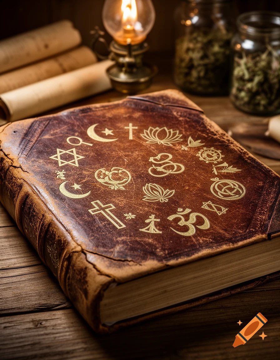 An old, leather-bound book with various religious and spiritual symbols on its cover, sitting on a wooden table next to an oil lamp.