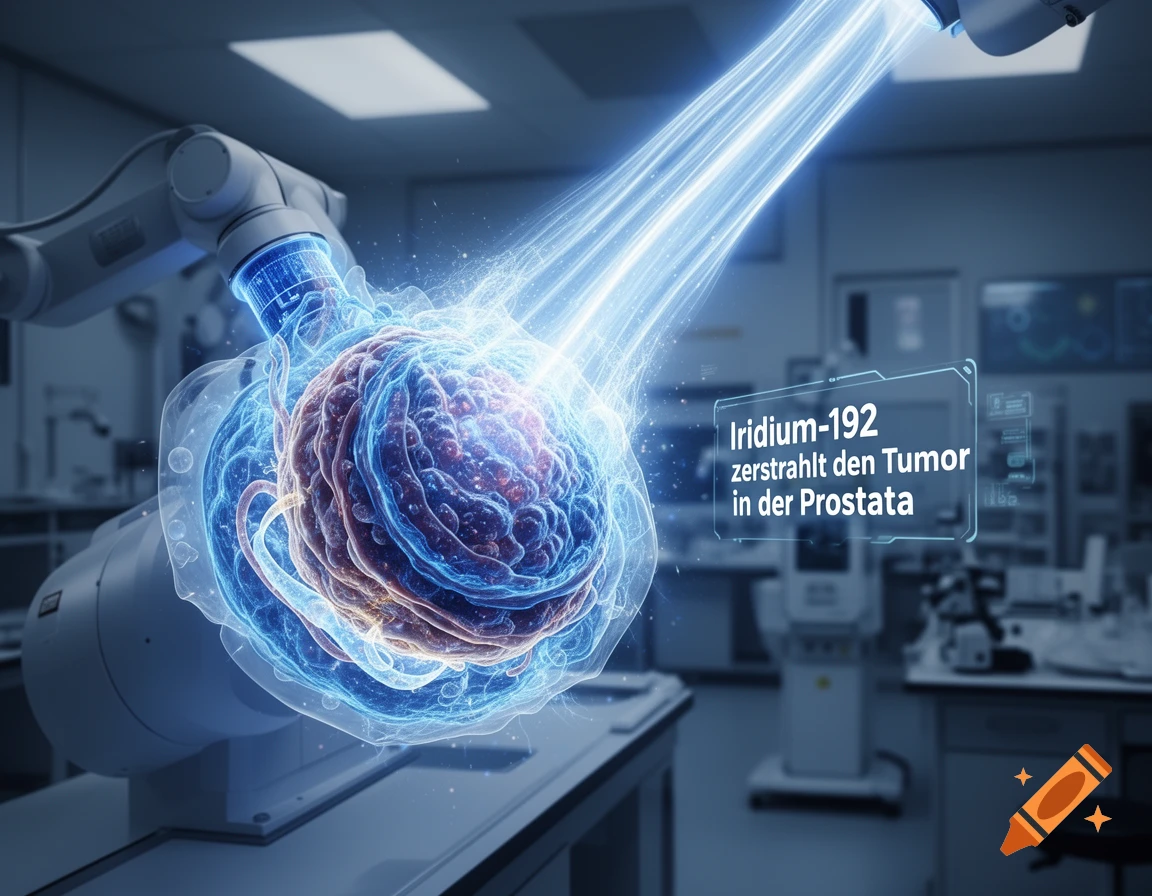 A robotic arm irradiates a glowing, detailed prostate tumor with a blue energy beam in a futuristic medical lab, displaying text about Iridium-192.