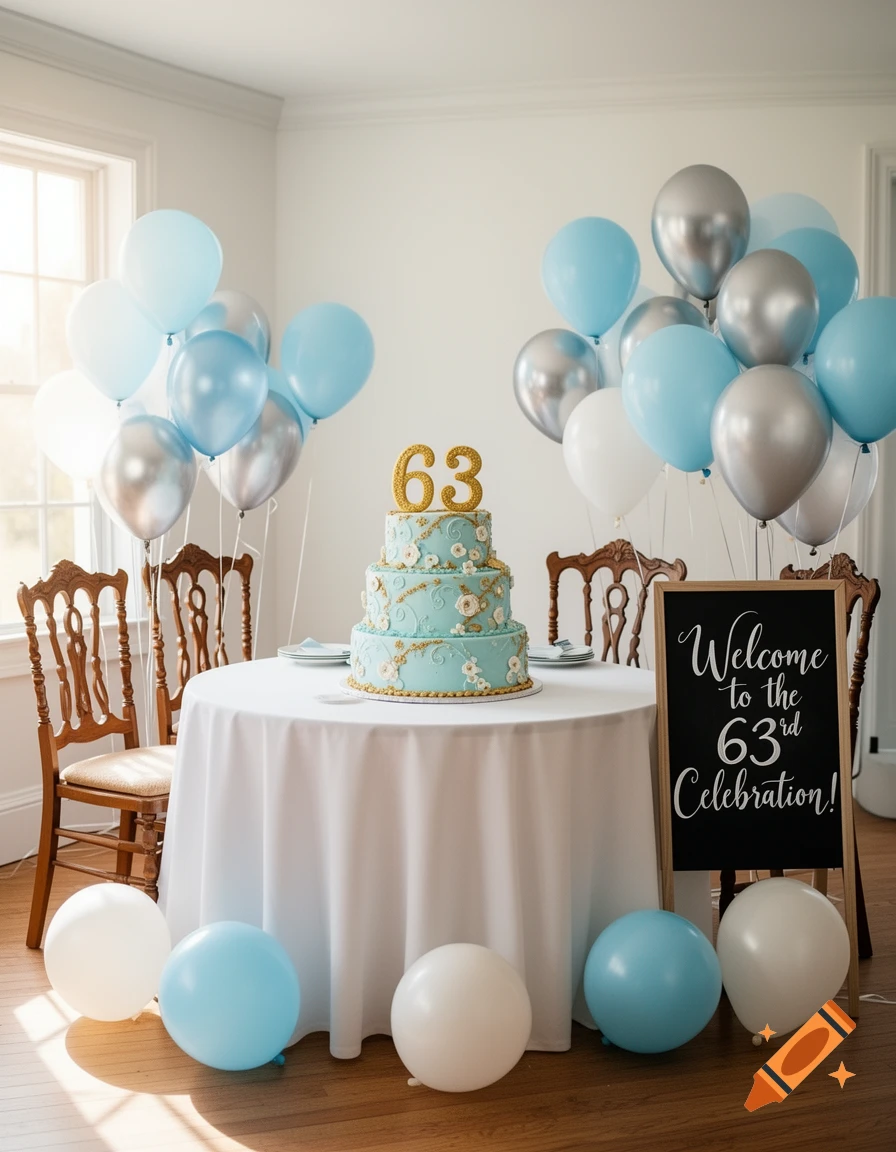 A photorealistic image of a 63rd birthday celebration with a blue cake, golden '63' topper, and blue, white, and silver balloons. A sign welcomes guests.