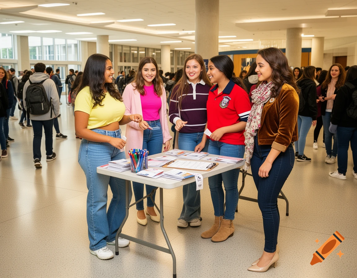 Five young women stand around a table with leaflets and pens in a bright, modern university building hallway, conversing and smiling. Other students walk in the background.