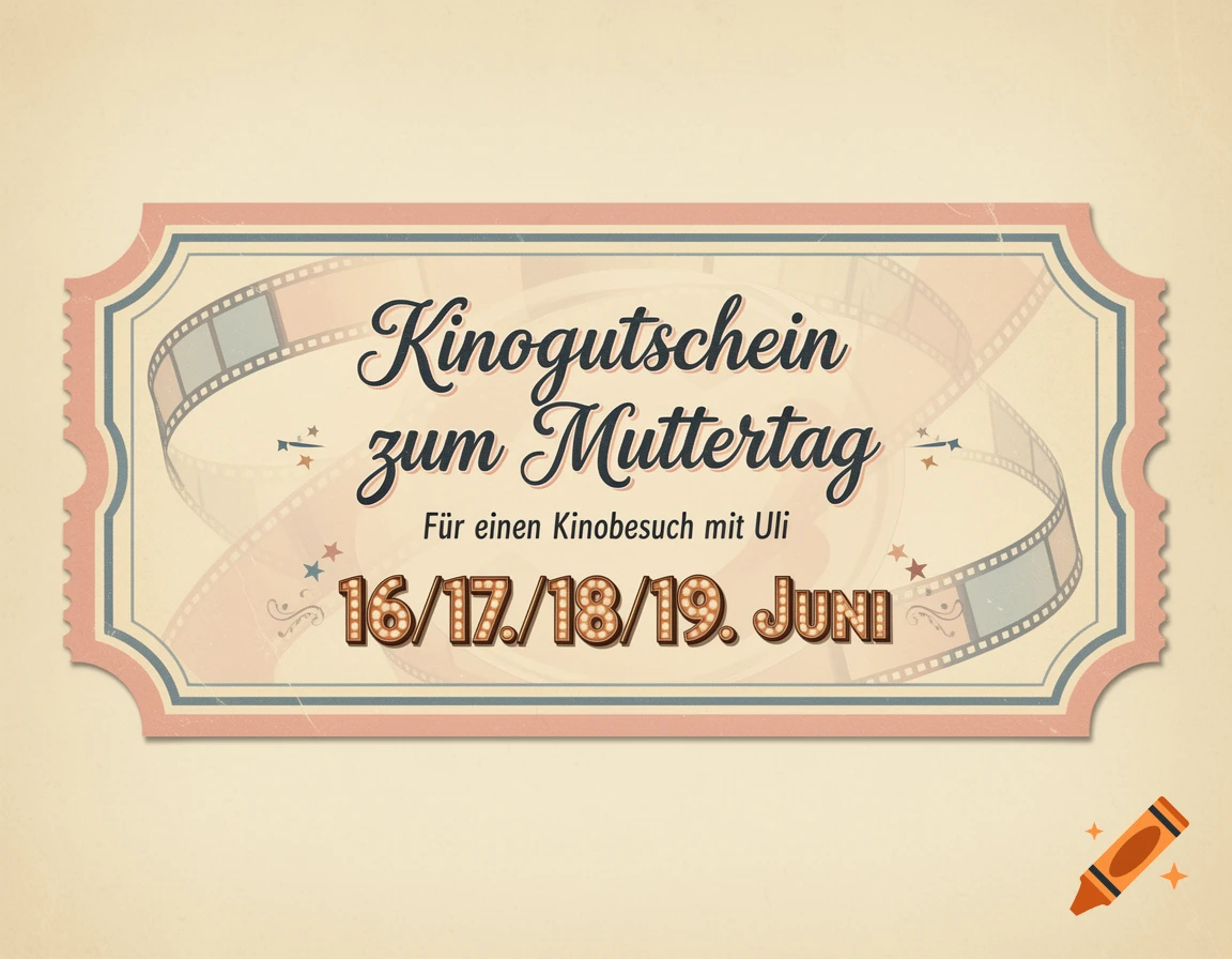 A vintage-style movie ticket for Mother's Day, with text 'Kinogutschein zum Muttertag' and dates '16/17/18/19. Juni'.