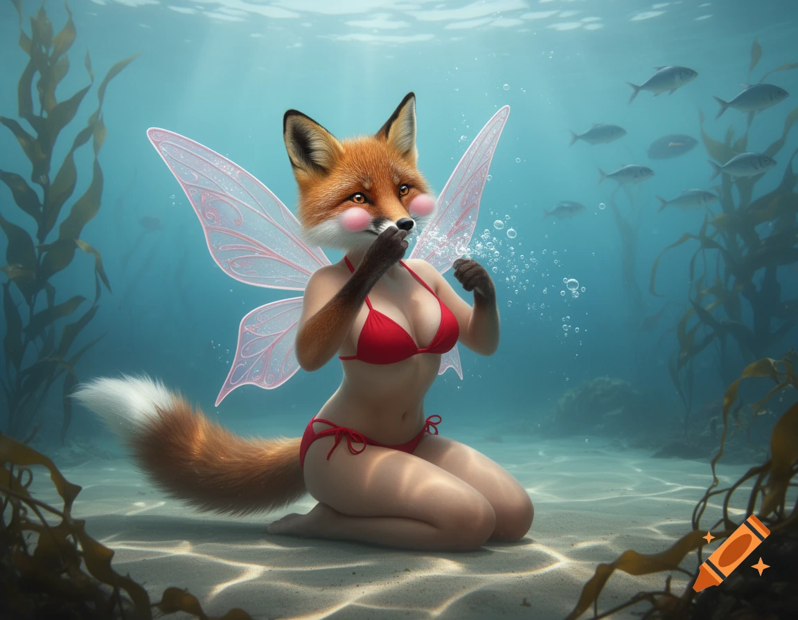 Anthropomorphic fox in a red bikini with fairy wings kneeling underwater, covering its mouth, amidst seaweed and fish.