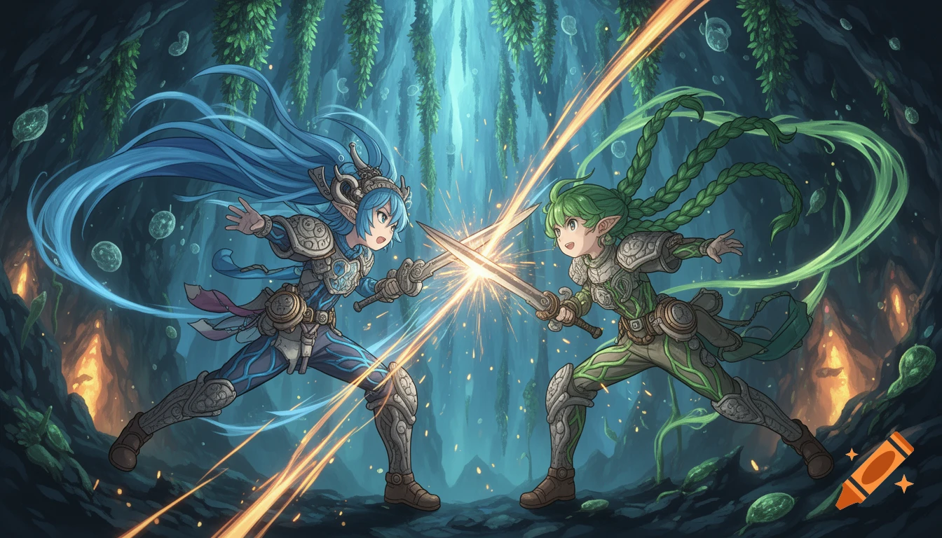 Two anime-style elf-like characters, one blue-haired and one green-haired, clash swords in a magical forest cave.