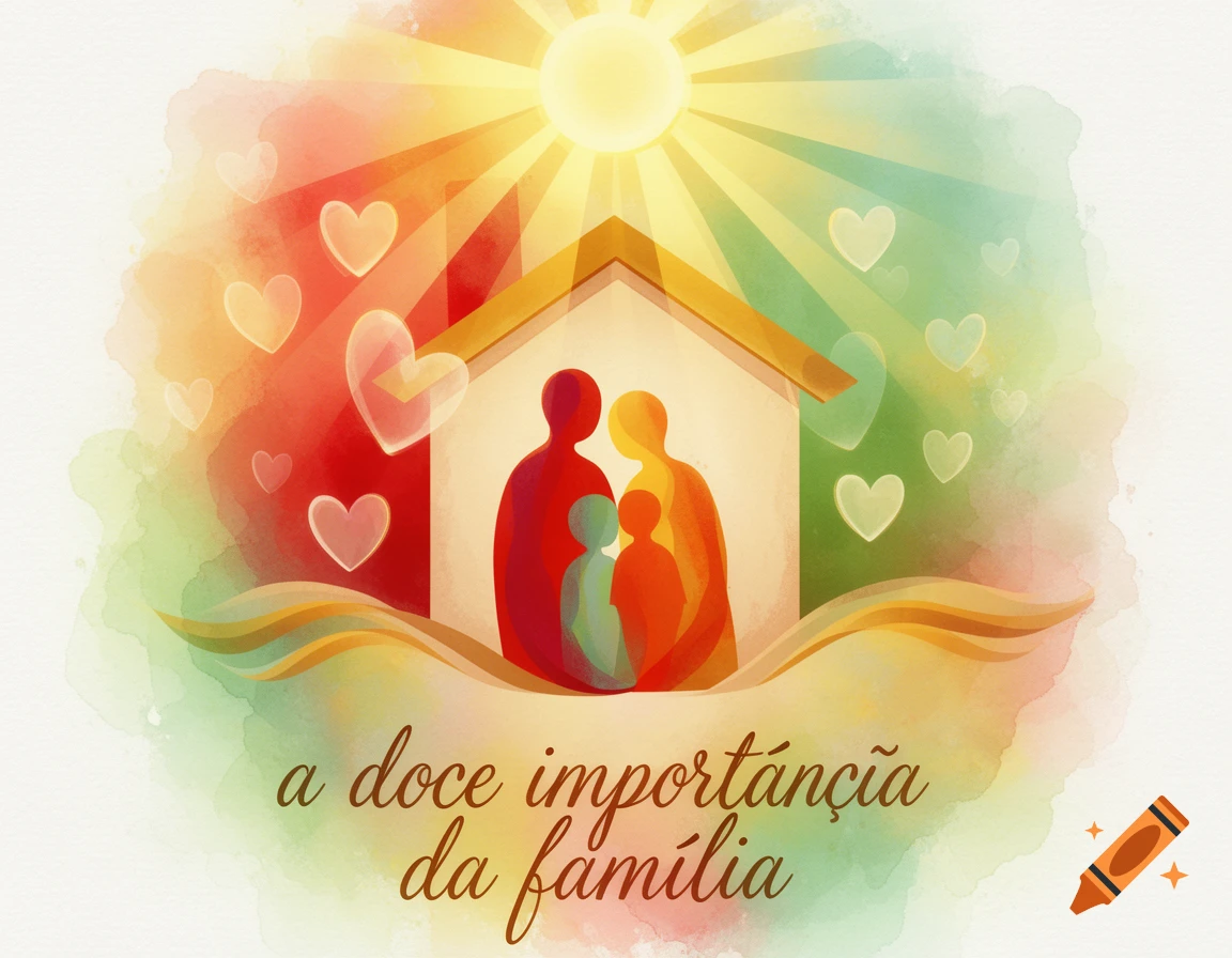 Watercolor illustration of a family silhouette (two adults, two children) inside a house outline, surrounded by hearts and a glowing sun, with text in Portuguese about family importance.