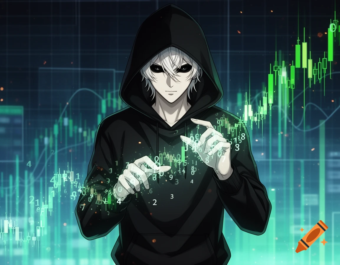 Anime character in a black hoodie with glowing numbers around their hands, against a background of green financial candlesticks.