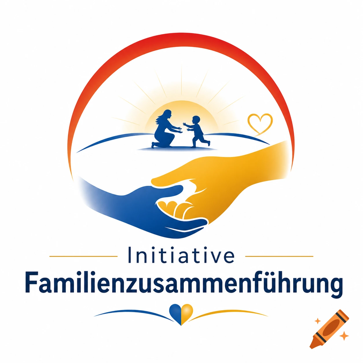 Logo: Blue and orange hands cupped, holding a scene with a mother and child silhouette, rising sun, and a heart, with text 'Initiative Familienzusammenführung'.
