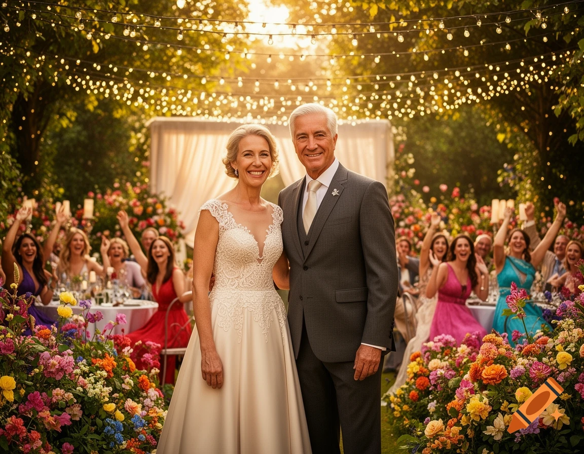 Older couple smiles at their outdoor wedding amidst colorful flowers and cheering guests under string lights.