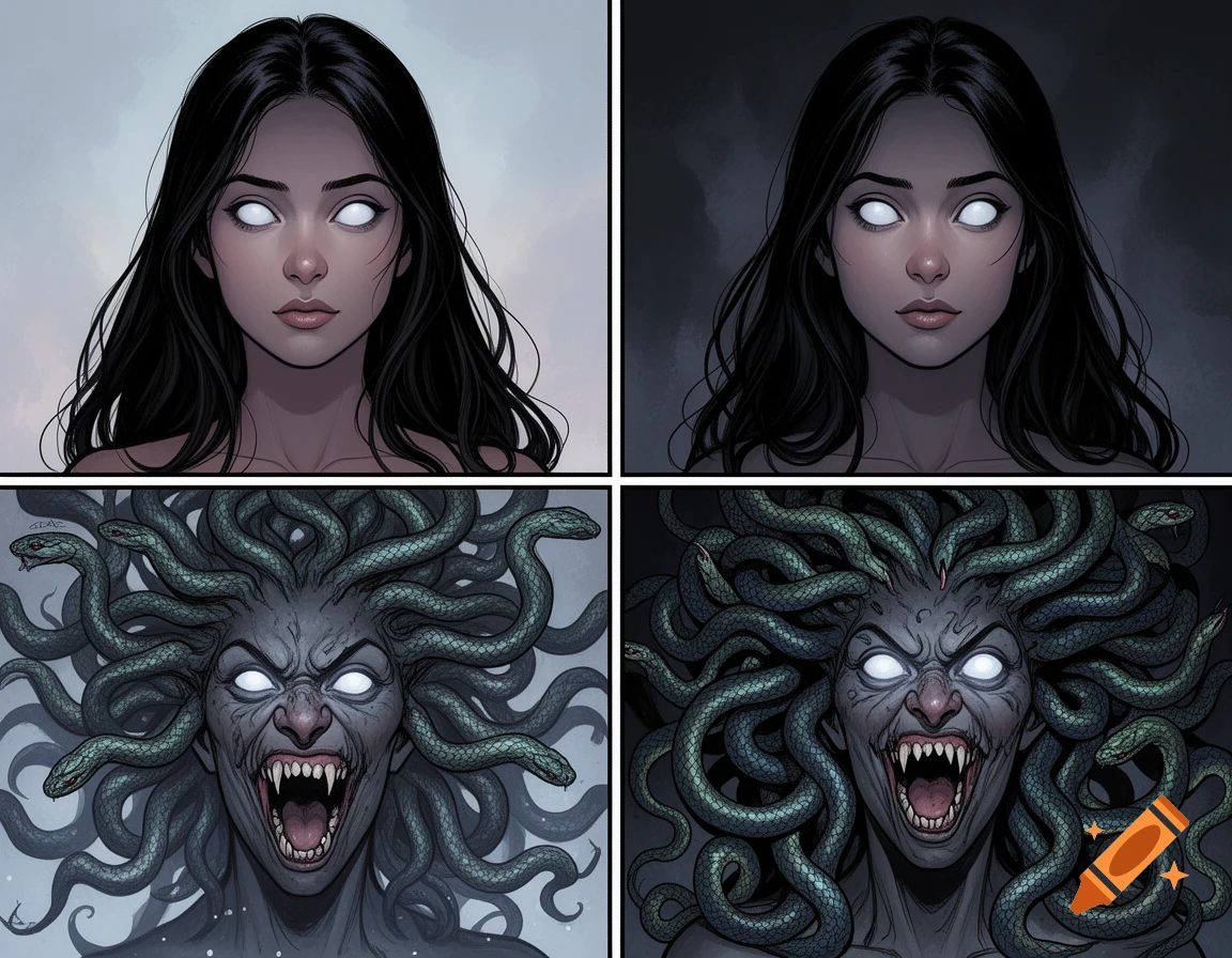 A four-panel comic depicts a young woman with long dark hair and white eyes transforming into Medusa with fanged teeth and snakes for hair.
