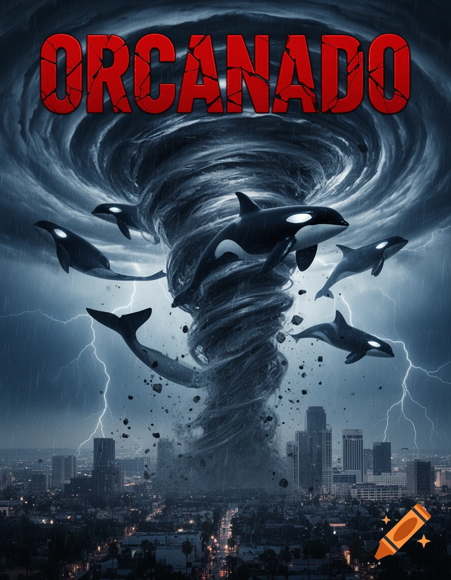 Dramatic movie poster with a giant tornado over a city, filled with flying orcas and lightning, titled ORCANADO.