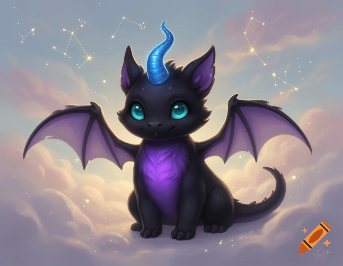 Cute black dragon-like creature with a blue horn, turquoise eyes, purple belly and bat wings, sitting on clouds under a star-filled sky.
