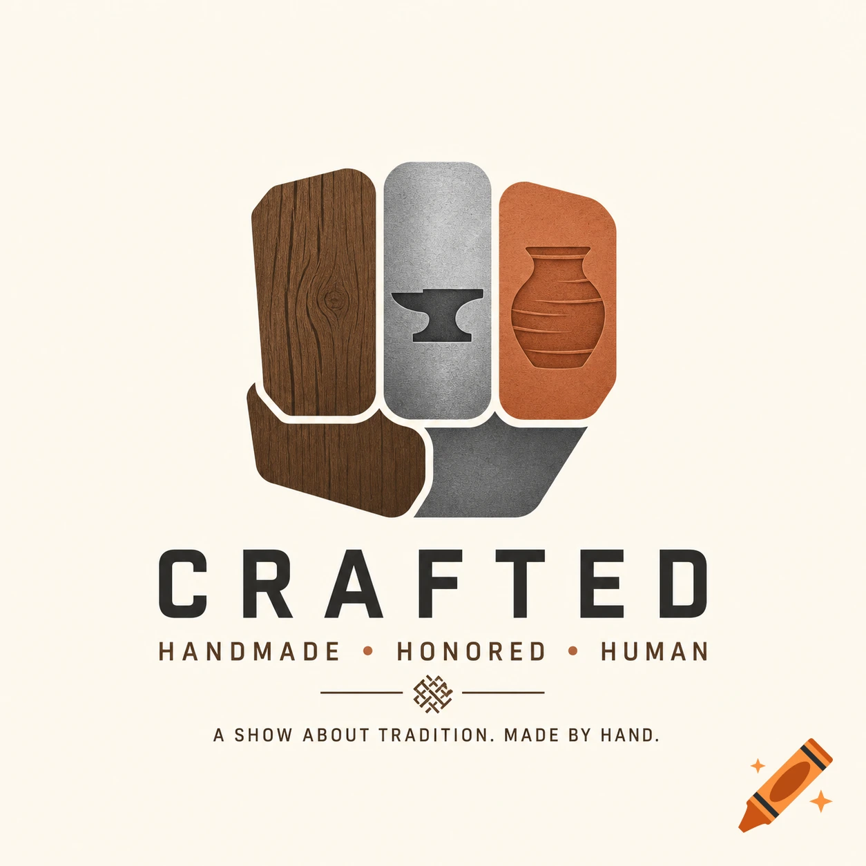 A minimalist logo forming a clenched fist with wood, metal, and terracotta textures, above text 'CRAFTED'.