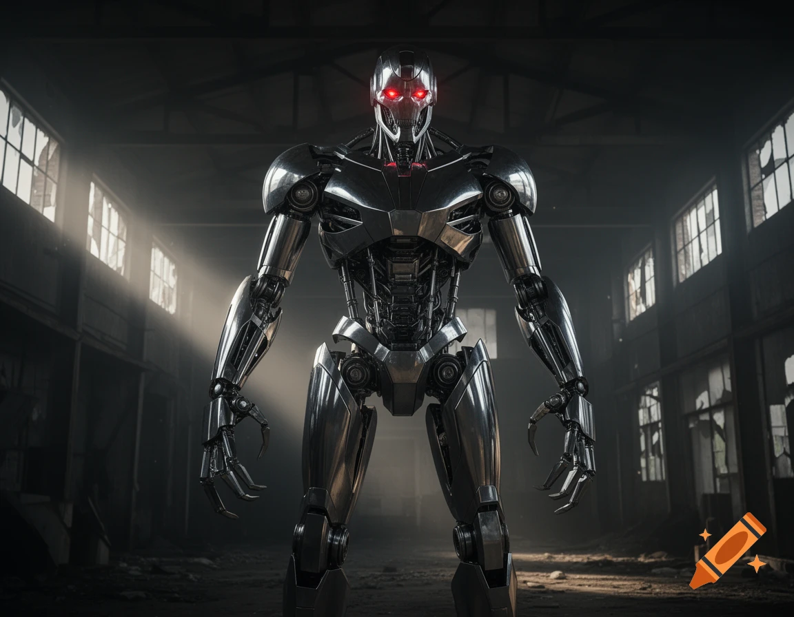 A menacing, metallic robot with glowing red eyes stands in a dark, dilapidated industrial building with sunlight streaming through broken windows.