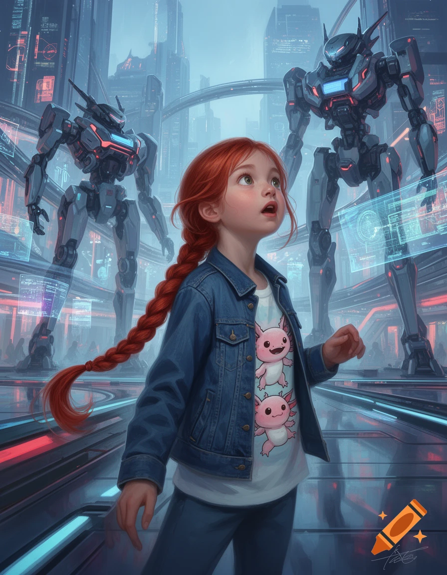 An illustrated red-haired girl in a denim jacket with axolotls on her shirt looks up at giant robots in a futuristic city.