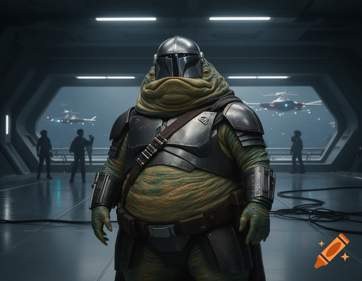 A large, green, armored Mandalorian-Hutt alien stands in a futuristic facility, with ships flying outside a window.