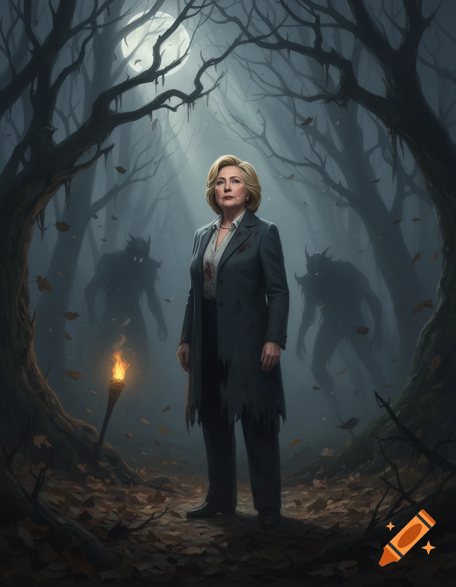 Hillary Clinton, in a blood-stained suit, stands in a dark, misty forest with a torch and shadowy monstrous figures under a full moon.