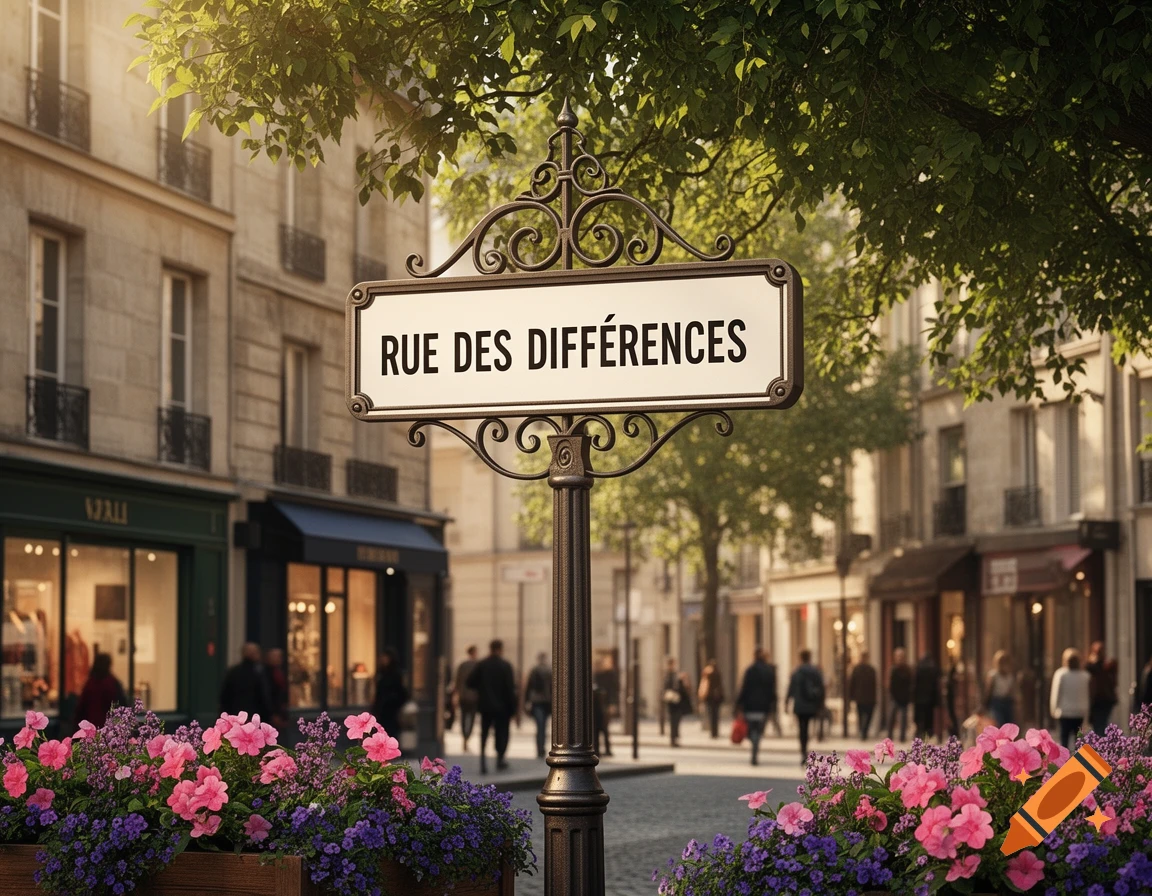A photorealistic image of a street sign reading 'RUE DES DIFF RENCES' in a bustling European city street, with buildings, trees, and flower boxes.