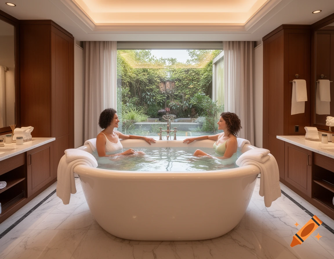 Two women in swimsuits relax in a large freestanding bathtub in a luxurious bathroom with a view of a private garden.