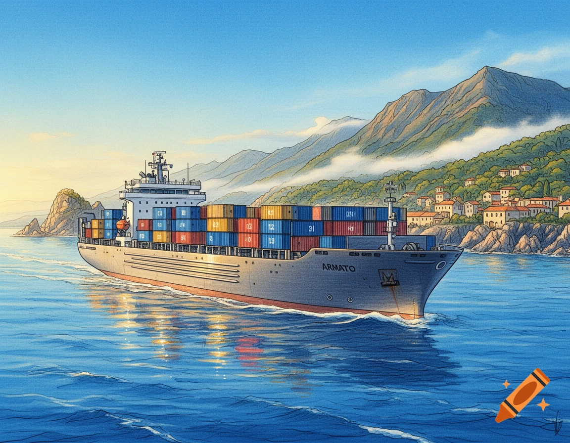Drawing of a cargo ship with containers, named ARMATO, sailing past a sunny Italian coastal town and mountains.
