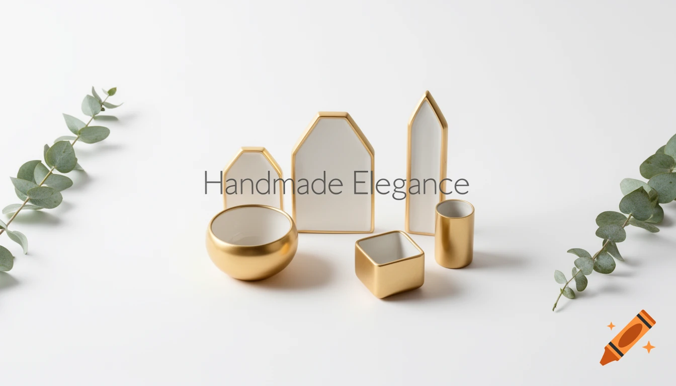 Gold and white decorative vases and containers with eucalyptus branches on a minimalist white background.