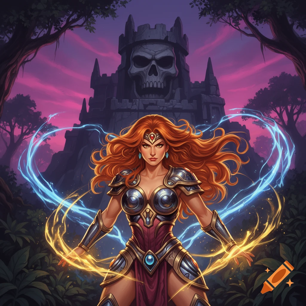 Red-haired sorceress in fantasy armor conjures magic before a skull castle in a dark forest under a vibrant purple and pink sky.