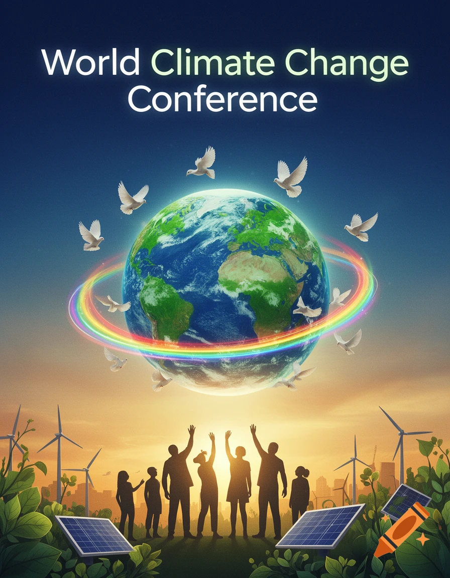 Poster for the World Climate Change Conference, featuring a glowing earth, doves, people, wind turbines, and solar panels under a sunset sky.