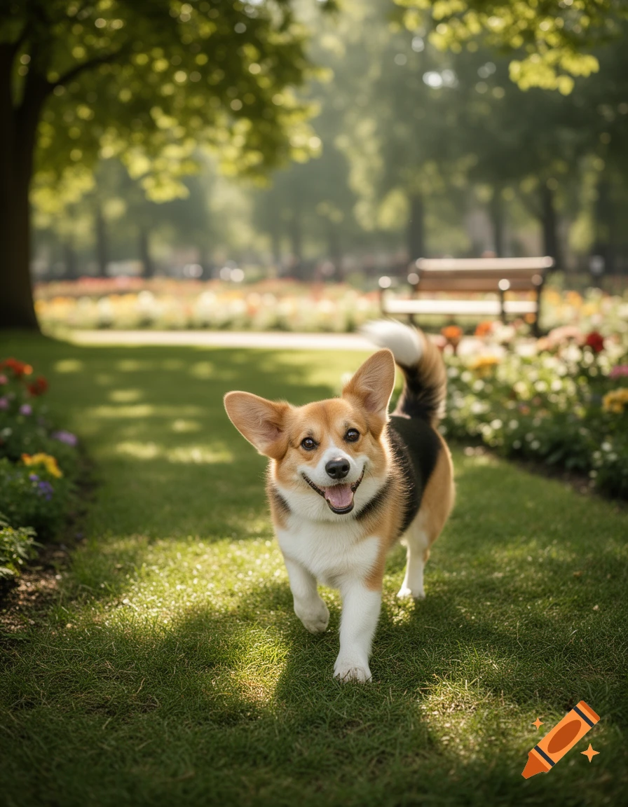 A happy Corgi dog runs on a sunny grassy path in a park with trees and colorful flowers.