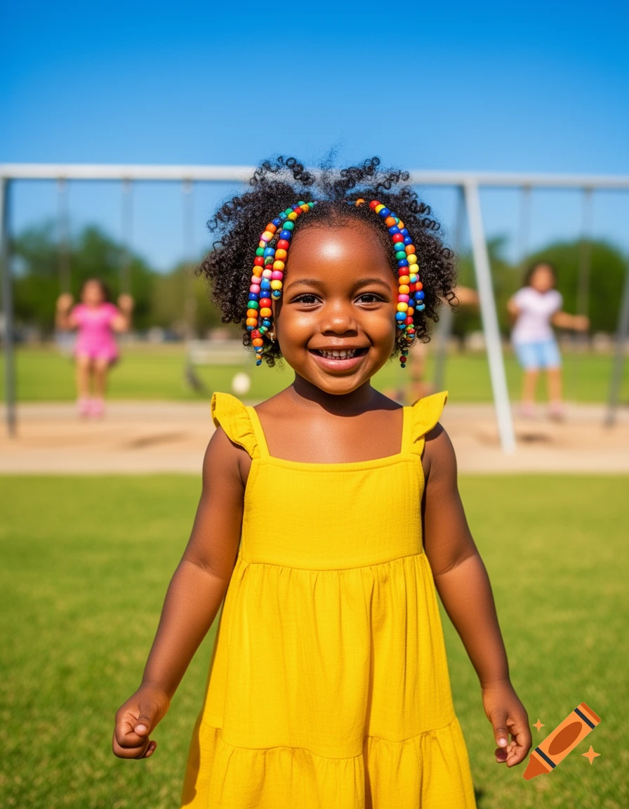 Smiling young black girl in a yellow dress with colorful beads in her hair, standing in a sunny park with swing sets.