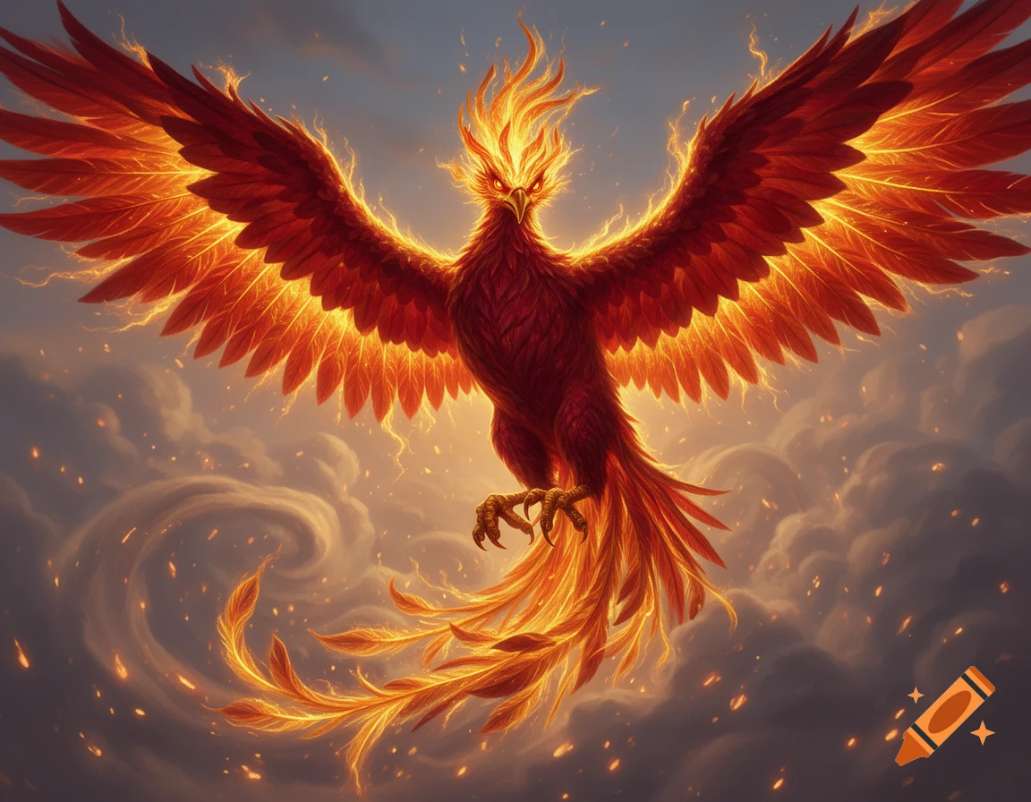 A majestic, fiery phoenix with outstretched wings soars through a cloudy, fire-filled sky in a vibrant fantasy art style.