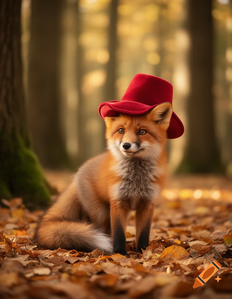 A cute red fox wearing a red hat sits on a bed of fallen autumn leaves in a forest with blurred trees in the background.
