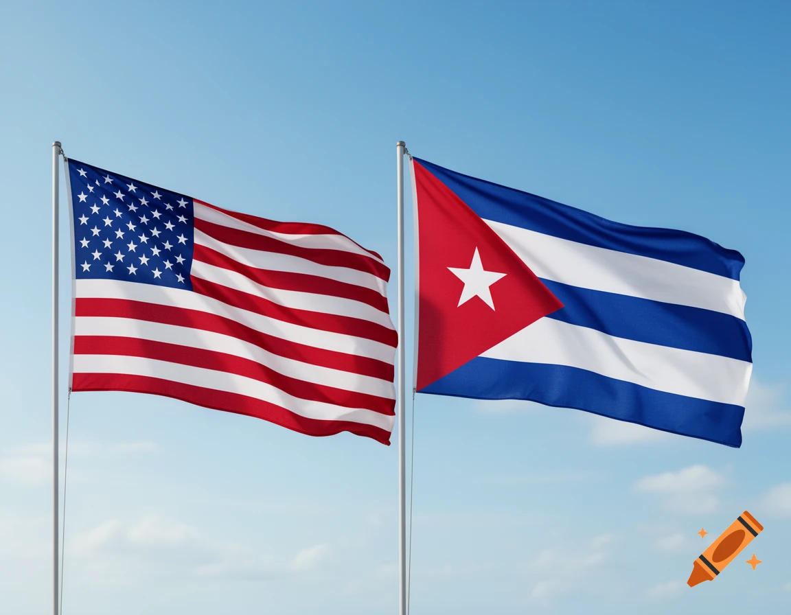 Photorealistic American and Cuban flags waving side-by-side against a clear blue sky.